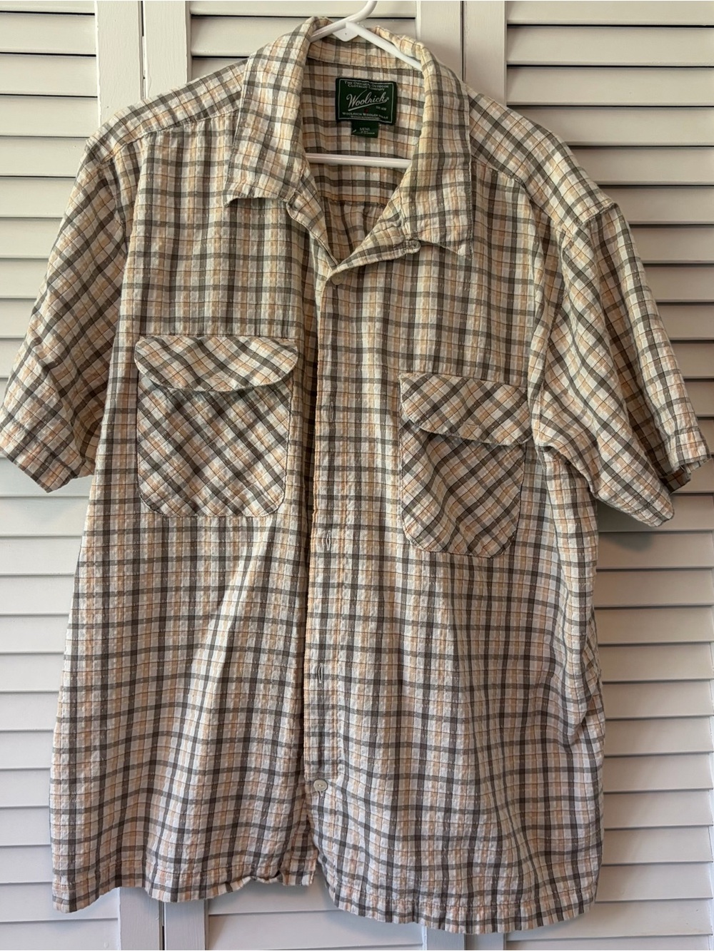 Woolrich Beige and Brown Plaid Short Sleeve Button-Down Shirt